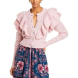 FARM RIO Flower Texture Pink Ruffled Crocheted Sweater NWT SRP $295